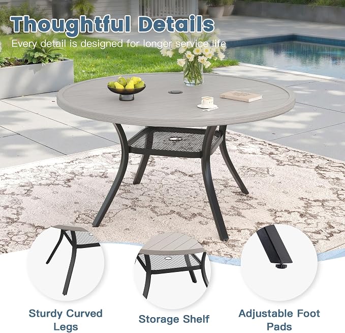 DIFY 5 Piece Outdoor Patio Dining Set for 4, 47.2" Grey Wood-Like Round Metal Dining Table & Swivel Patio Chairs with Sandshell Padded Textilene, All-Weather Outdoor Furniture Set for Garden Backyard