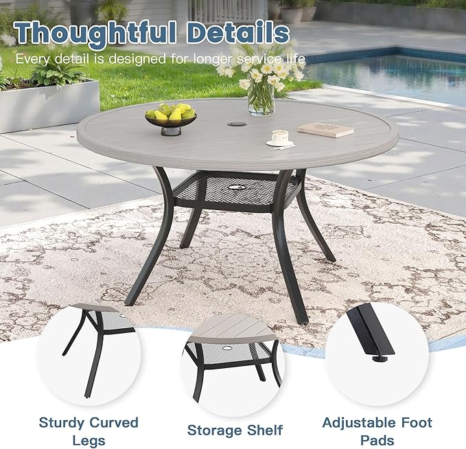 DIFY 5 Pieces Outdoor Dining Set for 4, 47.2" Grey Wood-Like Round Metal Table with Umbrella Hole and Sandshell Textilene Swivel Patio Chairs, Patio Table and Chairs Set for Garden, Backyard, Poolside