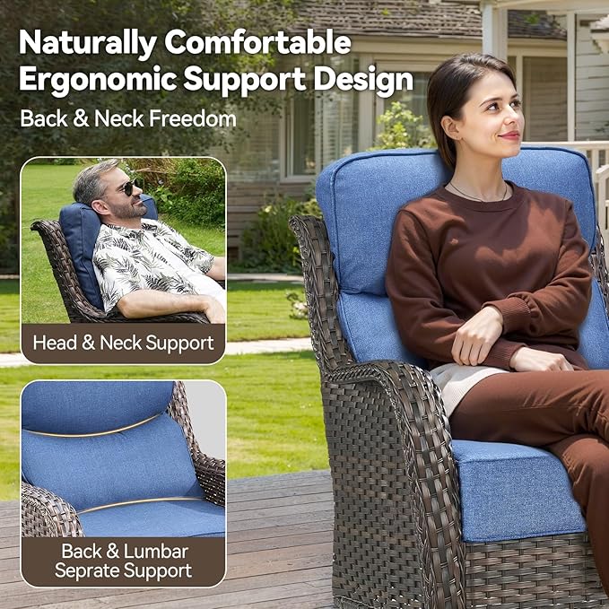 HUMMUH Outdoor Patio Wicker Swivel Rocker Chairs Set of 2 with 6-Inch Thick Cushion High Back Wicker Conversation Set for Porch Balcony Deck
