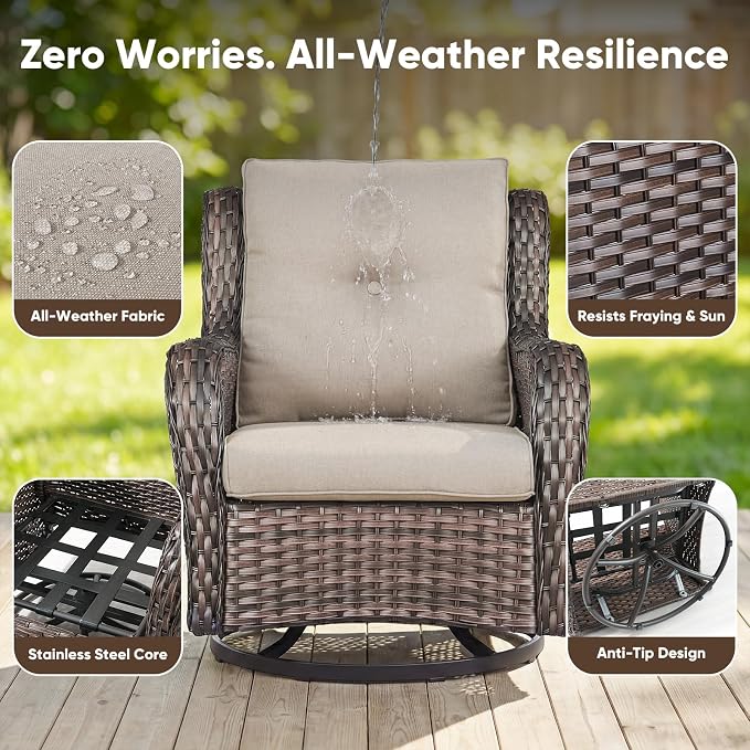 Belord 7 Piece Wicker Patio Furniture Set, Outdoor Swivel Rocker Chairs Set of 2 with Ottomans and Loveseat, All Weather Patio Conversation Furniture Set, for Pool,Yard,SunroomBrown Wicker/Beige