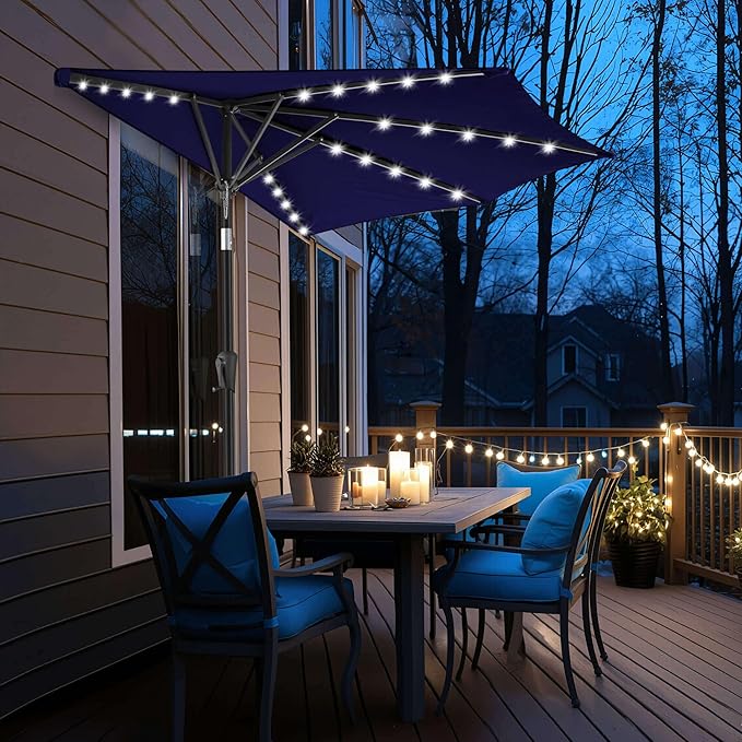 9ft Solar Half Umbrellas Outdoor - LED Half Patio Umbrella with 25 Lights, UV Protection Waterproof, Half Round Umbrella for Wall Balcony, Pool, Porch, Garden, Deck, Backyard, Navy Blue