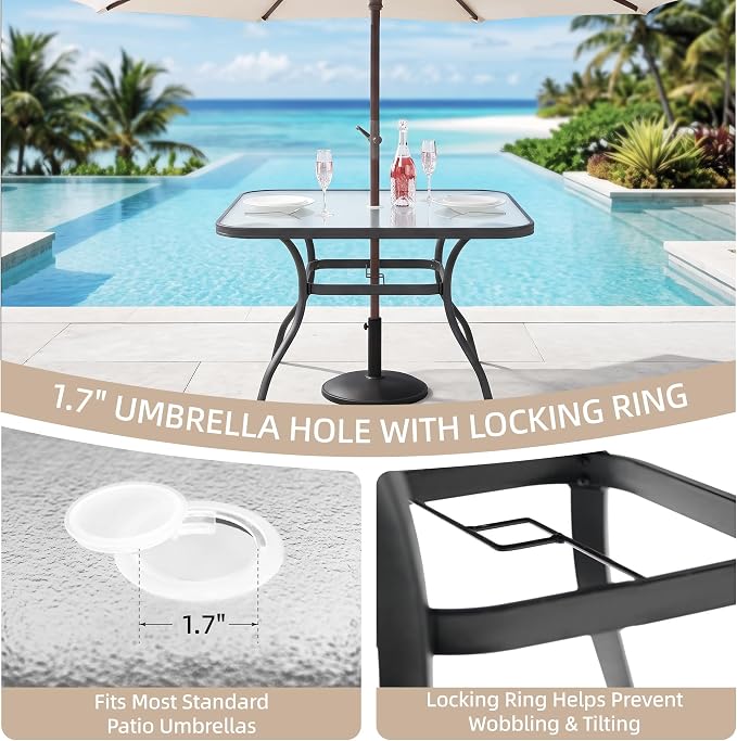 Anmutig 5-Piece Outdoor Patio Dining Set 37-Inch Square Glass Table with 4 Stackable Chairs for Lawn Backyard and Deck, Blue