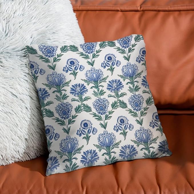 Mughal Flower Cushion Cases Blue Lotus Floral Throw Pillow Cover Abstract Modern Decorative Pillow Covers for Patio Garden Couch Tent 16x16 in
