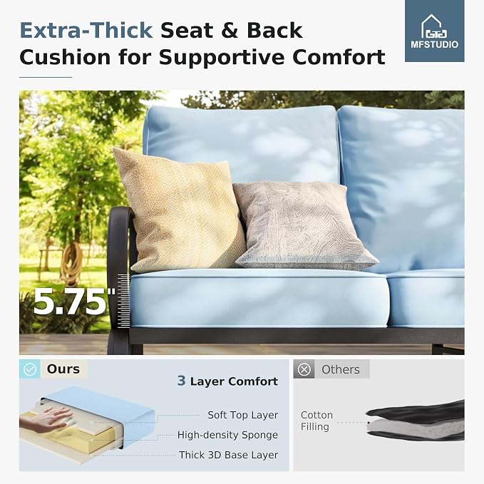 MFSTUDIO 4 Pieces Patio Conversation Sets(5 Seat),Outdoor Metal Furniture Sofas with 1 Loveseat(3 Seat), 2 Rocking Chairs,1 Coffee Table,Wrought Iron with Blue Cushion for Patio Courtyard Balcony
