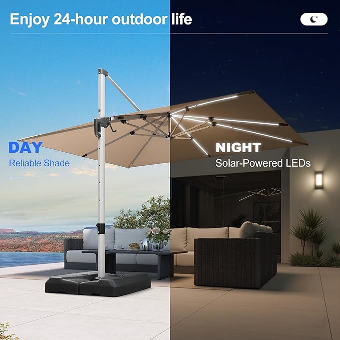 PURPLE LEAF Patio Umbrella with Base 9' X 12' Outdoor Rectangle Cantilever Umbrella Solar Powered LED with 360-degree Rotation for Garden Deck Pool Patio, Beige