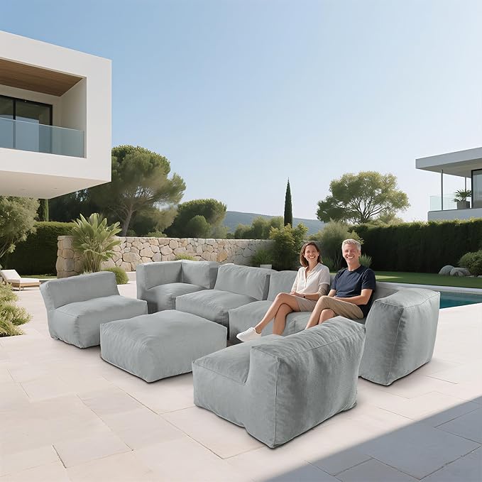 Patio Furniture Set, 7 Pcs Outdoor Conversation Set with Bean Bag Middle Chairs, Corner Chair, Ottomans, Modern Foam Couch Set for Garden, Deck, Balcony (7, Light Gray)