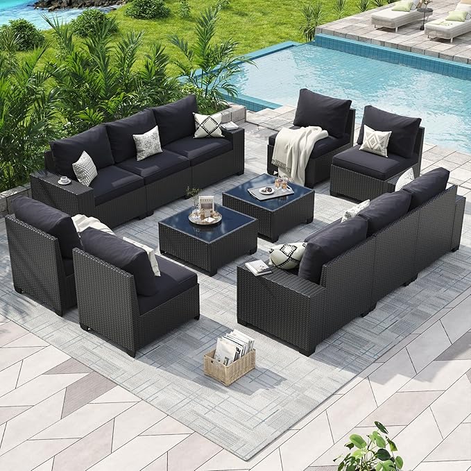 Aoxun Patio Furniture Set, 12 Pcs Outdoor Patio Furniture Sets with 4 in Thicken Cushion, Widen Armrests Wicker Outdoor Sectional for Backyard (Waterproof Cover Include)