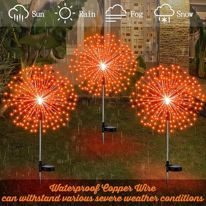 Tujoe 4 Pcs Christmas Solar Decoration Outdoor Orange Solar Firework Lights 180 LED 8 Modes Waterproof LED Stake Sparkler Decor for Holiday Walkway Pathway Garden Driveway Path Lawn Yard (Orange)