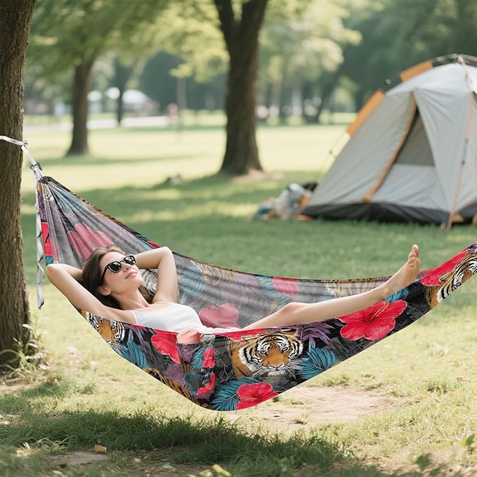 Camping Hammock Outdoor Hammocks for Outside Tiger Hibiscus Flower Beach Trees Portable Lightweight with Pockets Tree Straps Indoor