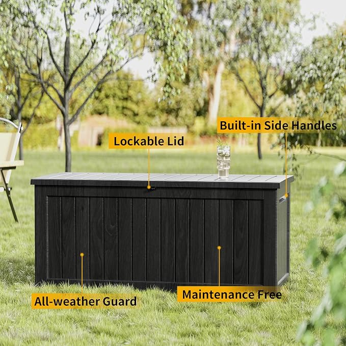 270 Gallon Outdoor Storage Box Waterproof, Lockable Resin Deck Box Large Storage Bin for Patio Furniture Cushion, Garden Tools, Pool Accessories, UV-Resistant, Black