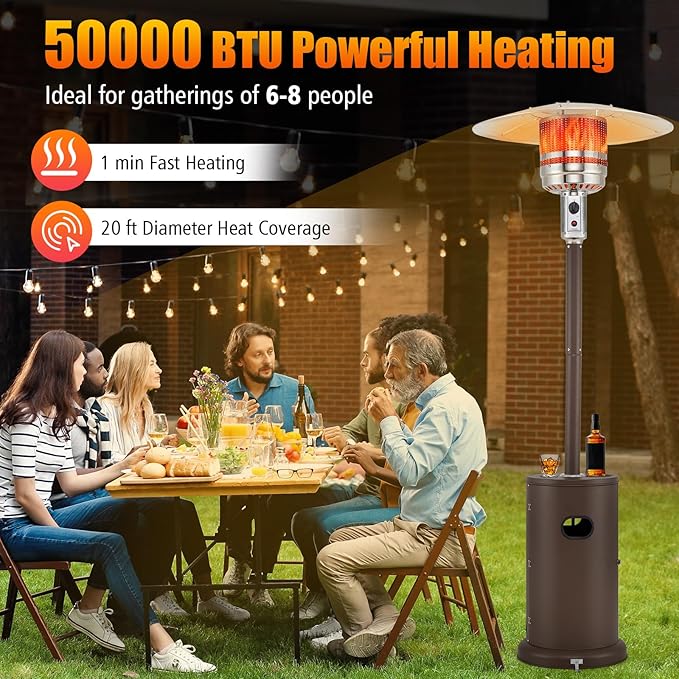 Giantex 50,000 BTU Propane Outdoor Heater, Patio Heater w/Round Table Design, Stainless Steel Burner, Tip-Over & Flame-Out Protection, Propane Heater w/Wheels for Backyard, Garden, Commercial (Bronze)
