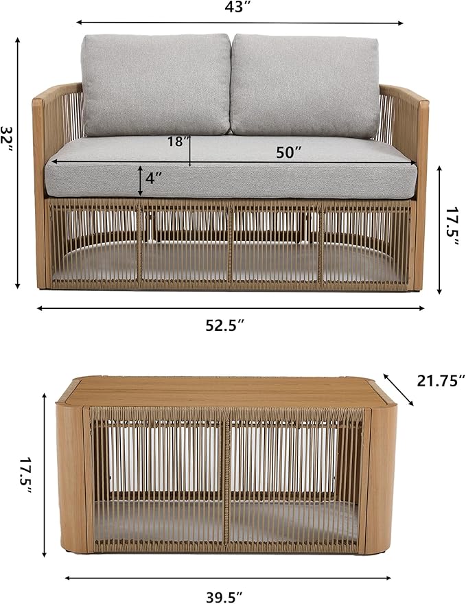 2 Piece Patio Furniture Set, Olefin Rattan Patio Conversation Set, Aluminum Patio Sofa Set, 2 Seat Loveseat with Coffee Table, All Weather Outdoor Sectional Furniture for Backyard/Lawn, Beige