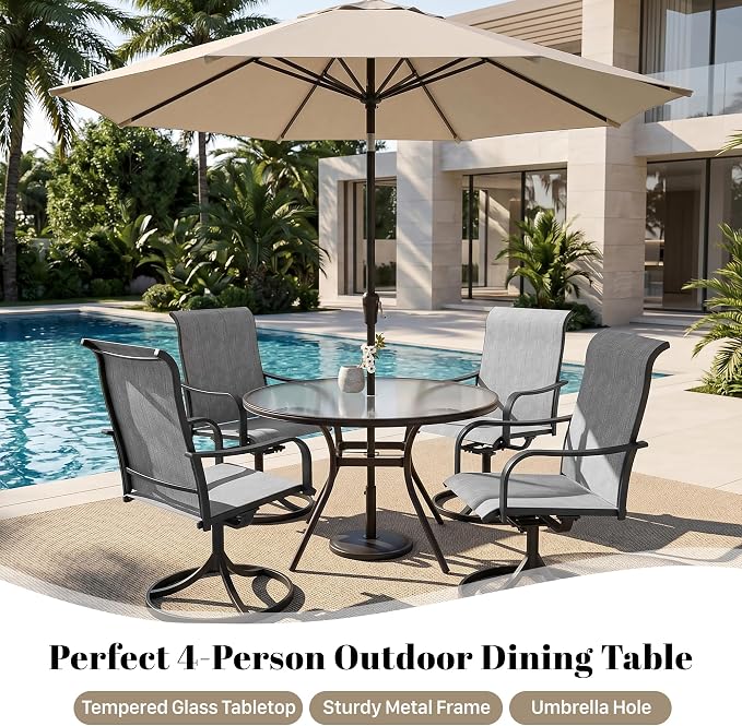 Glass Dining Table, 40" Outdoor Round Patio Table with Steel Base & 1.7" Umbrella Hole, Brown Frame