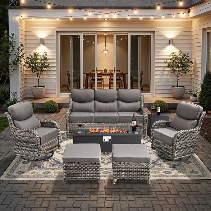 HUMMUH Luxury Patio Furniture Set 6-inch Thick Cushions High Back Swivel Rocker Chairs & 3 Seater-Couch & Steel Fire Pit Table 7 Pieces Outdoor Conversation Set for Porch,Deck,Backyard