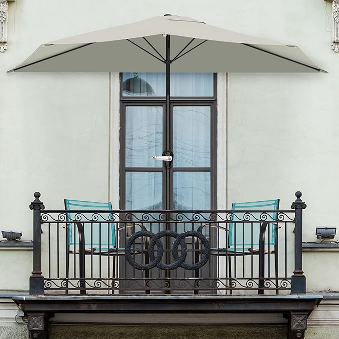 Half Umbrella Outdoor Patio Shade - 9 ft Patio Umbrella with Easy Crank - Small Canopy for Balcony, Table, or Deck by Pure Garden (Champagne)
