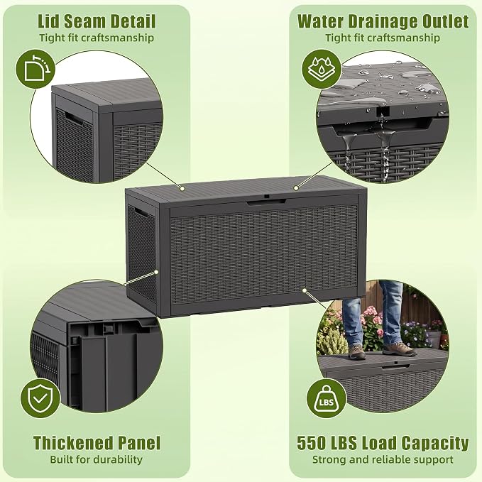 Vixzen 120 Gallon Deck Boxes Outdoor Waterproof, Large Resin Lockable Storage Box with lid for Patio Furniture Cushions, Weatherproof Outdoor Storage Boxes for Garden Tools & Pool Accessories(Black)
