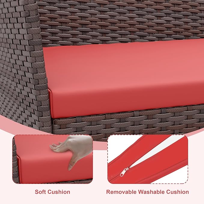 4 Pieces Patio Furniture Sets, Outdoor Wicker Conversation Sets with Soft Cushion and Glass Coffee Table, Modern Rattan Patio Chairs Conversation Sets for Garden, Balconies, Poolside (Brown/Red)