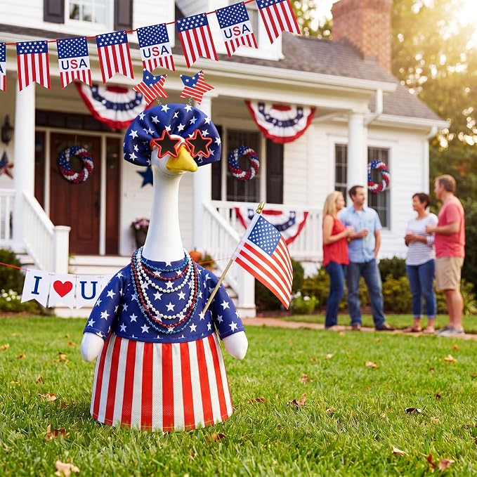 4th of July Porch Goose Outfit American Flag Goose Dress 250th Anniversary Red White and Blue Clothes with Star Headband Costume, Veterans Day Patriotic Yard Decor for 23" Gooses Statue