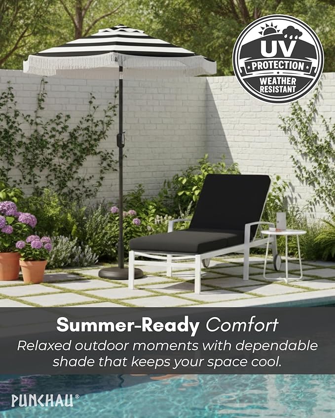 6 Ft Fringe Patio Umbrella - Outdoor Umbrella for Patio, Pool, Table, Garden, & Deck, Push Button Tilt Pole - Fashionable Vintage Tassels - White