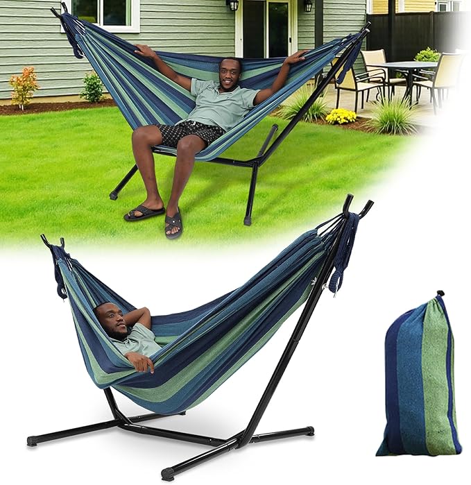 Hammock with Stand for Outside,600lb Weight Capacity Adjustable Height 3-in-1 Portable Hammock for Outdoor&Indoor Camping Backyard Bedroom(Hammock, Stand & Carry Bag)
