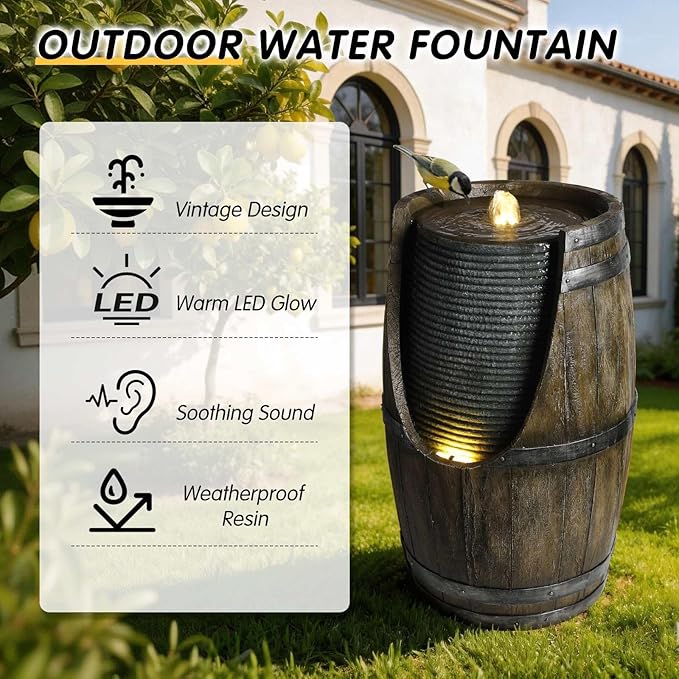 Outdoor Water Fountain with LED Lights, 24.8" Rustic Wooden Barrel Style Waterfall Fountain, Weather Resistant Resin Garden Fountain with Soothing Sound for Patio Yard Porch, Grayish Green
