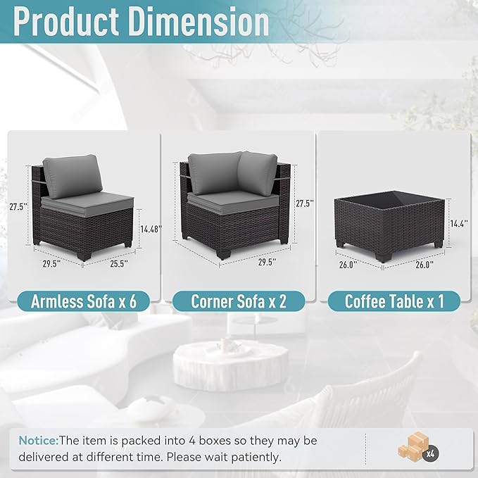 ALAULM 9 Pieces Patio Furniture Set Wicker Patio Conversation Set, Outdoor Sectional Furniture w/Coffee Table & Washable Seat Cushions-Grey