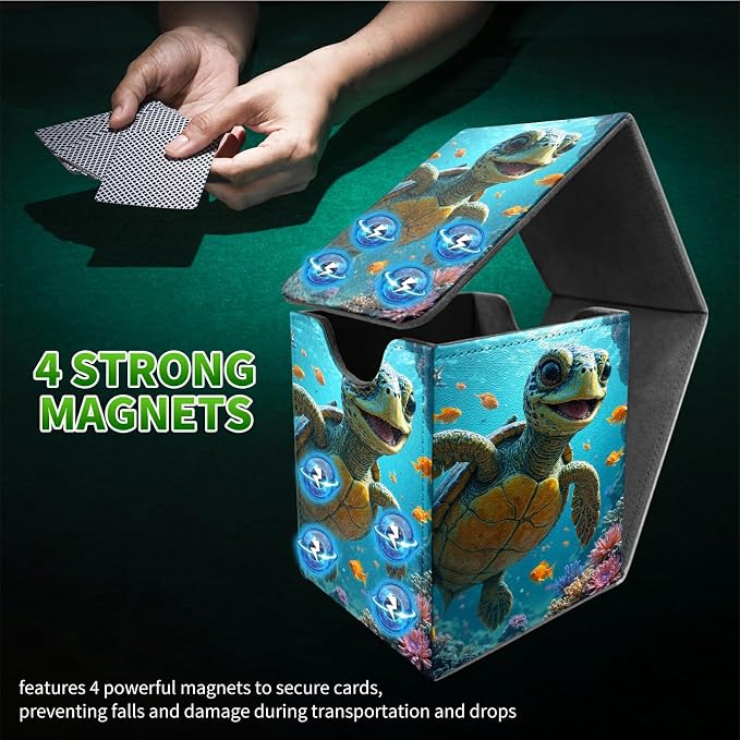 Baby Sea Turtle Card Deck Box for MTG, Personalized Card Storage Case Fits 120+ Sleeved Cards, Premium Leather TCG Box with Strong Magnetic Closure for Magic, CCG, PTCG, Baseball Cards
