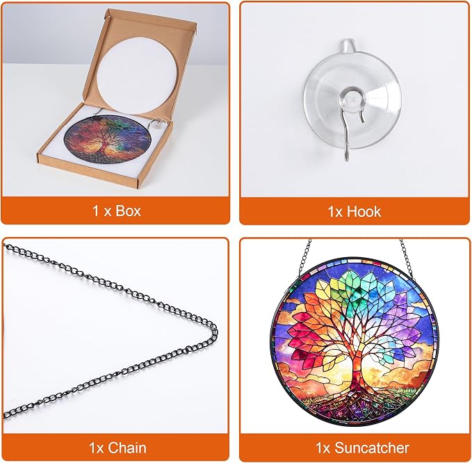 Stained Glass Window Hanging, Colorful Tree of Life Suncatcher 7.8 in Sun Catcher Boho Wall Art Decor with Chain Diamond Glass Panel Hangings Scenery Sun Catchers Decor for Lover Couple Mom