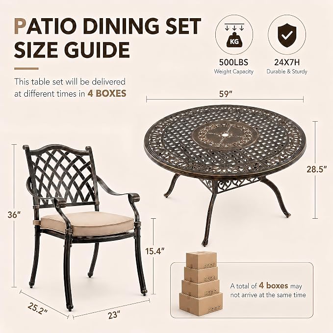 7 Piece Outdoor Dining Set Cast Aluminum, Retro Patio Dining Furniture Set for 6 Includes 54’’ Round Table 6 Chairs with Thicker Cushion and Umbrella Hole for Patio Deck Garden