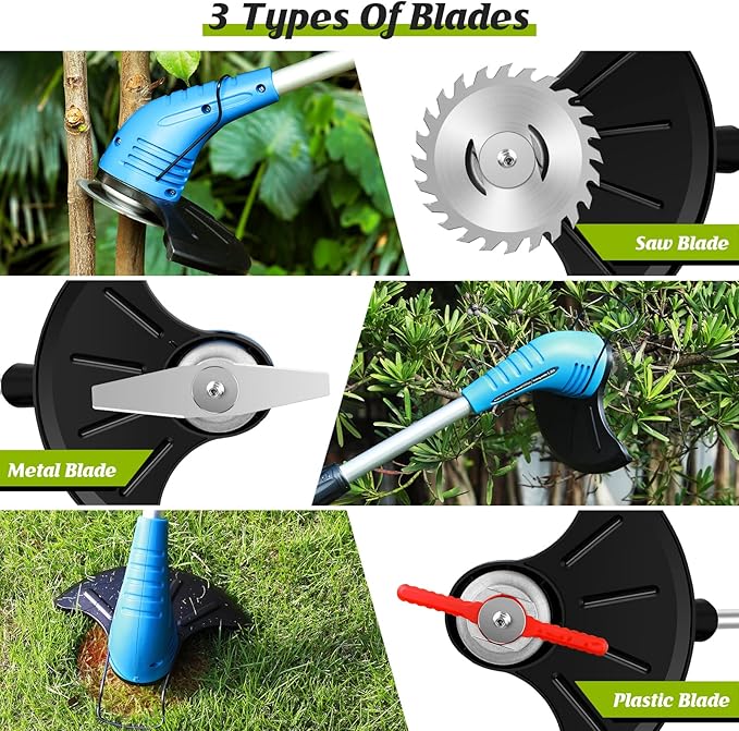 Lipoliftco Weed Wacker Cordless, 12V Battery Powered Lawn Edger, Grass Cutter with 2 * 2000mah Rechargeable Batteries and 3 Types of Blades, Lightweight Electric Mower for Garden and Yard Lawn