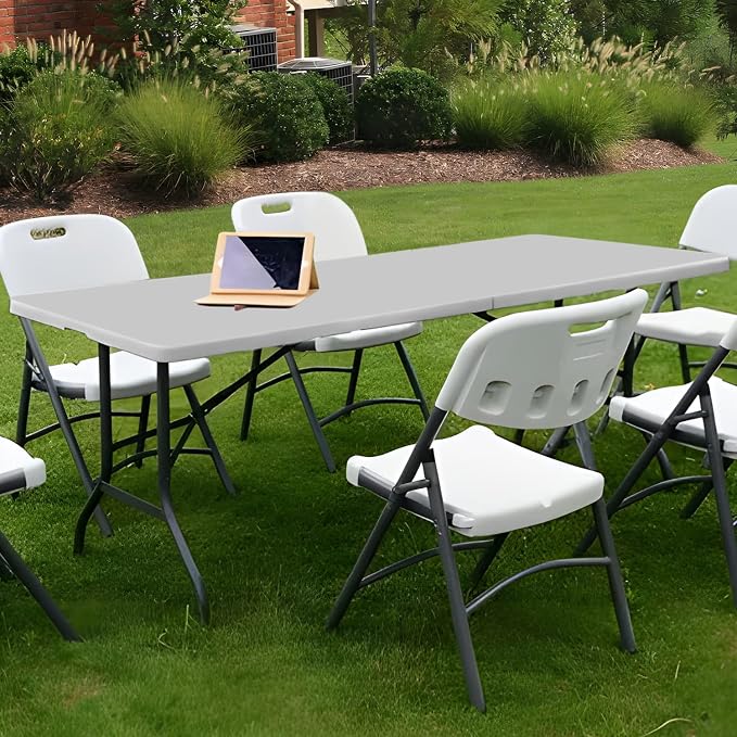 MoNiBloom 6Ft Folding Table, Heavy Duty Portable Plastic Dining Tables Fold in Half Indoor Outdoor Desk w/Handle, Lock for Camping Picnic Party, Gray
