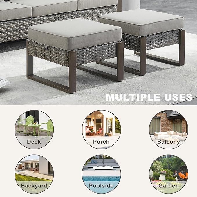 Rilyson Outdoor Ottoman Wicker Patio Footrest - 2 Piece Wicker Footrest Footstools Set with Sturdy Frame,All-Weather PE Wicker, Thick Cushions for Deck Porch Garden(Mixed Grey/Grey)