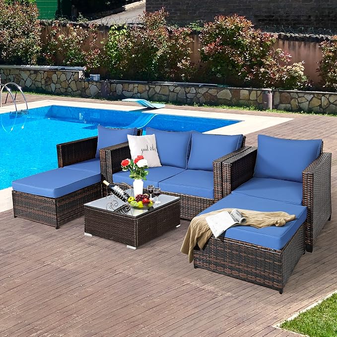 Tangkula 5 Pieces Patio Wicker Furniture Set, Outdoor Rattan Sofa Set with Removable Cushions, Loveseat with 2 Single Sofas & 2 Ottoman, Sectional Sunbed Conversation Set for Yard, Garden, Poolside