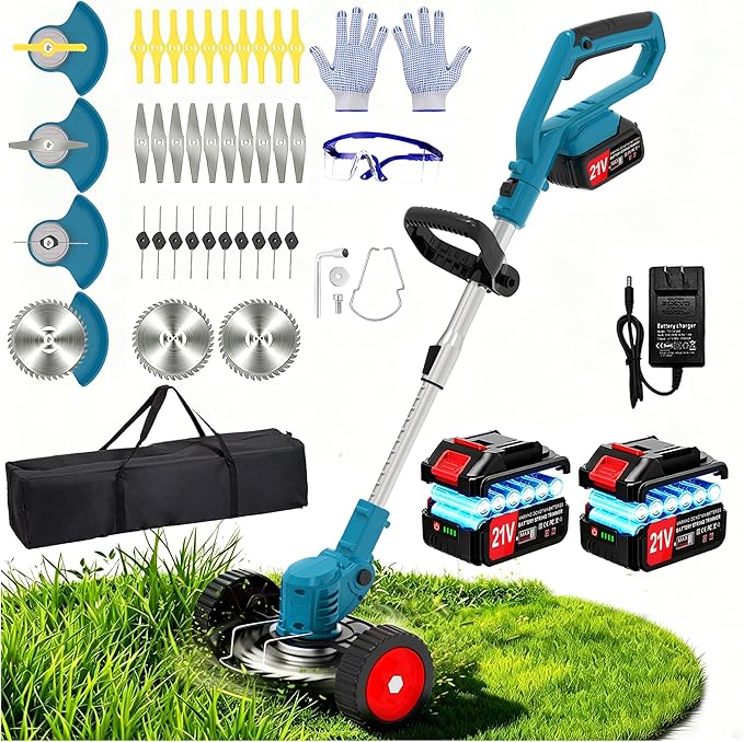 Cordless Weed Wacker Electric Eater 21V Stringless String Trimmers Battery Powered 3-in-1 Grass Trimmer/Lawn Edger/Brush Cutter with 4 Types Blades & Wheels for Garden Yard