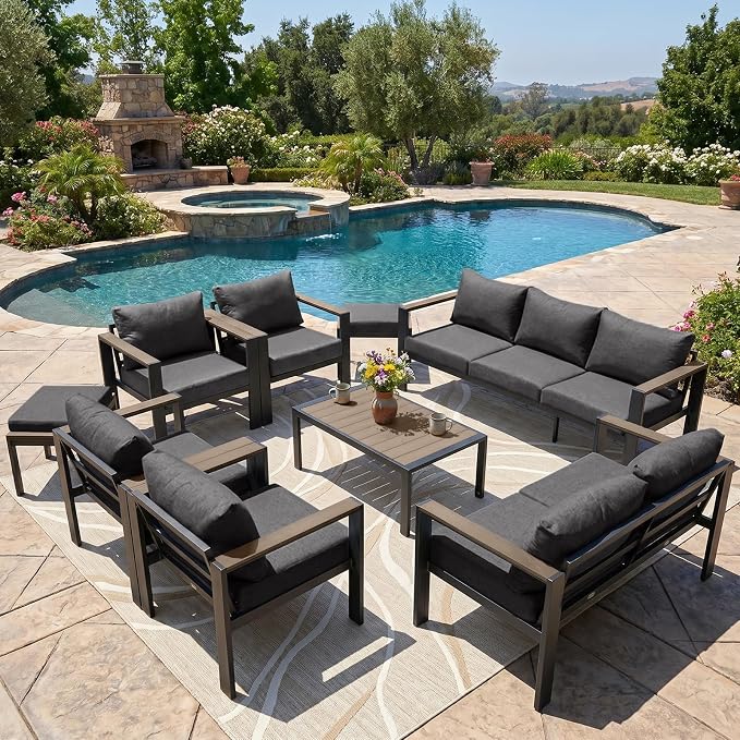 Outdoor Patio Furniture Set 9 Pieces Luxury Aluminum Patio Conversation Set with Coffee Table and 2 Ottoman 11 Seats, Thick Cushions, Large Sectional Sofa for Porch, Balcony, Yard, Dark Gray