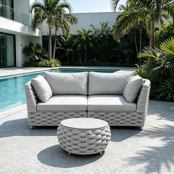 TWT 3 Piece Outdoor Patio Furniture Set, Rope Weave Conversation Sofa with Water Repellent Cushions, Patio Couch with Coffee Table for Backyard Garden Porch Poolside,Light Grey