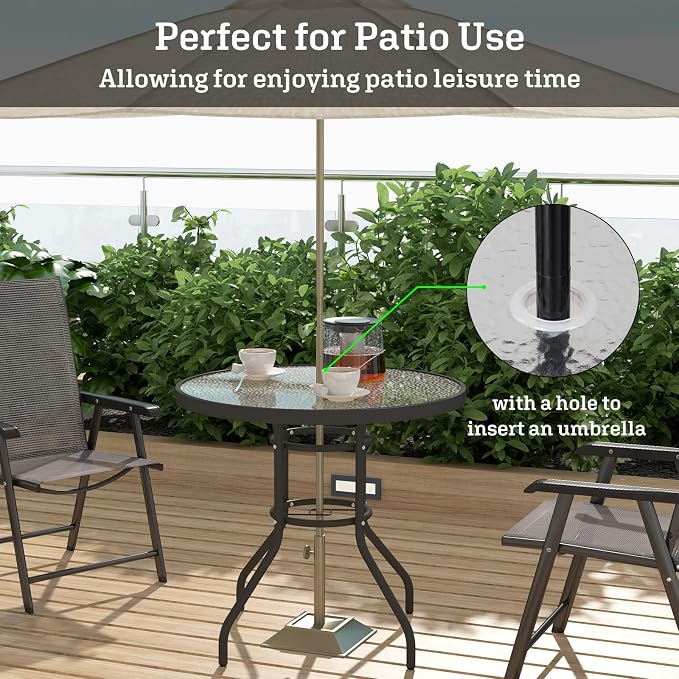 soges 31.5in Outdoor Patio Bistro Coffee Tea Table, Round Tempered Glass Steel Frame Dining Table with Umbrella Hole, All Weather Outside Desk for Garden Lawn Balcony Backyard, Black 30LHYW-OT05BK80
