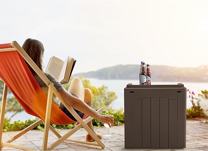 GUNJI 30 Gallon Small Deck Box Outdoor Waterproof Resin Storage Box Lockable Storage Container Outside Package Delivery (Brown)