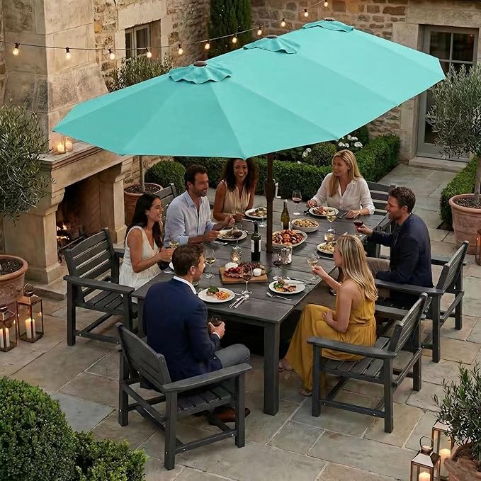 Kingdura 15ft Large Patio Umbrella with Base Included, Double-Sided Rectangle Outdoor Table Umbrella with 12 Reinforced Ribs, Crank Lift for Market Pool Deck Backyard, Tiffany blue