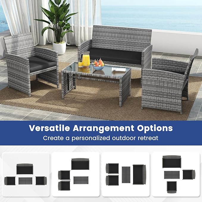 Tangkula 4 Piece Patio Wicker Furniture Set, Outdoor Heavy Duty Rattan Cushioned Chairs, Loveseat and Tempered Glass Coffee Table, for Backyard, Balcony, Poolside (Black)