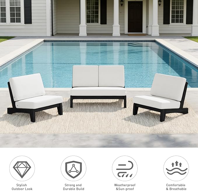 Pia Ricoo 4 Piece Patio Furniture Sets, Outdoor Loveseat Sofa Set with 2 Chairs & Coffee Table, Patio Conversation Set for Backyard, Deck, Lawn, Beige, Dark Wood