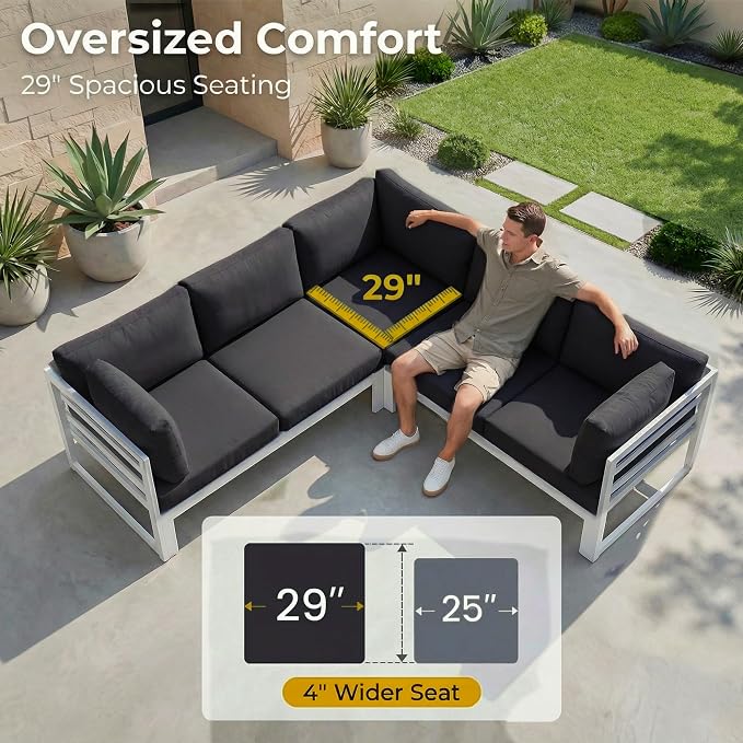 RADIATA 6 Seat Large Aluminum Patio Conversation Set with Lounge & Fire Pit Table, 29" Deep Wide Seat, High End Modular Sectional Seating, 500 lbs Heavy Duty Anti-Rust Outdoor Sofa for Poolside, Black