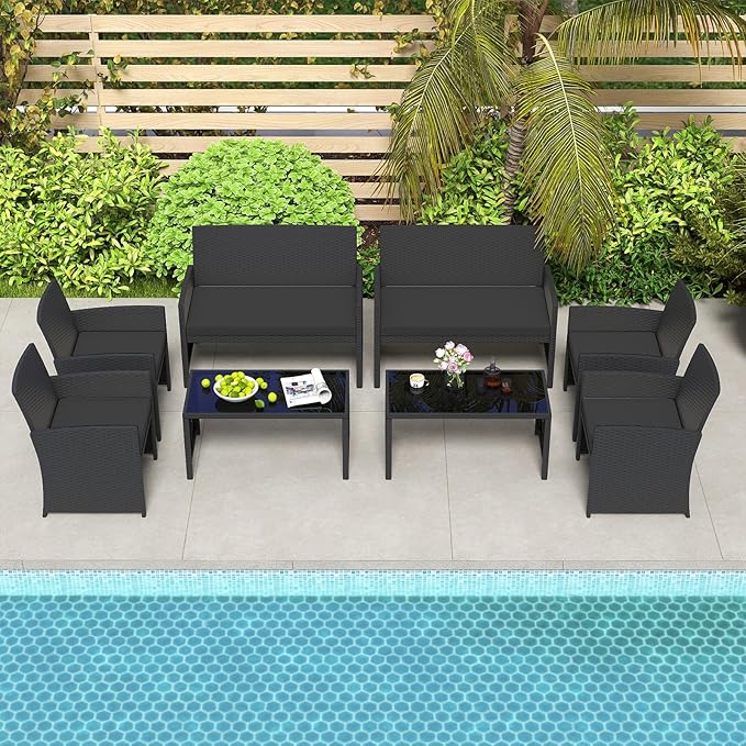 HAPPYGRILL 4 Piece Rattan Wicker Patio Conversation Set, Outdoor Furniture with Chair Loveseat Table & Cushion, for Backyard Porch Balcony (2, Black & Black)