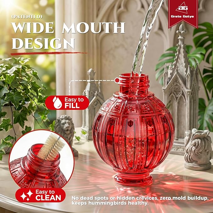 Glass Hummingbird Feeder for Outdoors Hanging, 26Oz Bird Nectar Feeder with Perch & 5 Flower Feeding Ports, Leak Proof for Outside Garden Decor Backyard, Gifts for Women Mom, Red