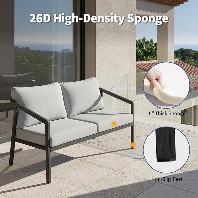 Patio Conversation Sets Outdoor Loveseat Sofa, Aluminum Patio Sofa Chairs with Washable Thick Cushions, Modern All-Weather Patio Furniture Sets for Garden, Backyard, Porch (Black+Grey)