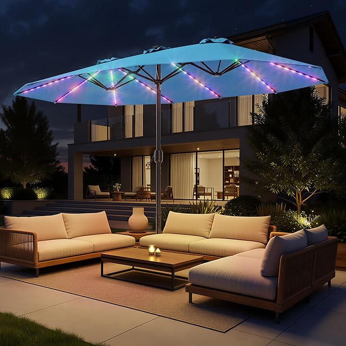 HOMSHADE Double Sided Patio Umbrellas with Base - 15ft RGB Multi-Color Flowing LED Lights Outdoor Extra Large Market Table Umbrella w/Stand, Oversized Umbrella for Deck, Pool, Backyard,Light Blue