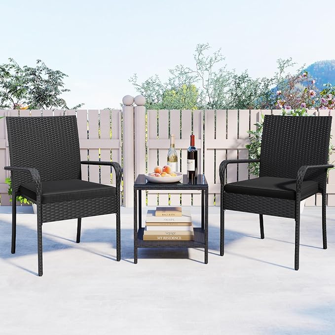 Tangkula 3 Pieces Patio Furniture Set, PE Rattan Outdoor Cushioned Conversation Chairs with 2-Tier Tempered Glass Tabletop Table, for Balcony, Garden and Poolside (Black)