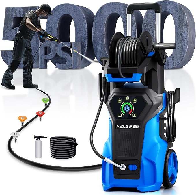 Fenbeli 𝟓𝟎𝟎𝟎𝐏𝐒𝐈 𝐏𝐫𝐞𝐬𝐬𝐮𝐫𝐞 𝐖𝐚𝐬𝐡𝐞𝐫 Portable Washer Cleaner with 4 Quick Connect Nozzles for Car Driveway Patio Fence (Blue)