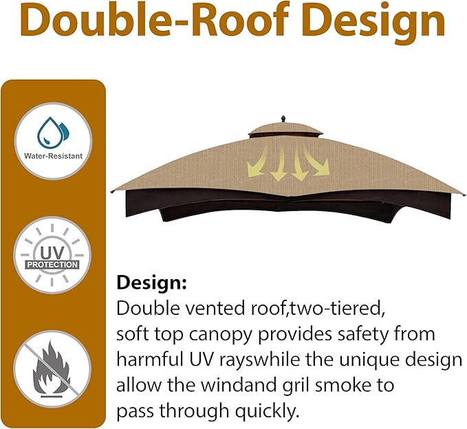 Coastshade Replacement Gazebo Canopy Top for Lowe's Allen Roth Heavy Duty Roof Gazebos Top with Mesh,10x12 Gazebo Cover #GF-12S004B-1, Replacement Top Only (Khaki Plus)