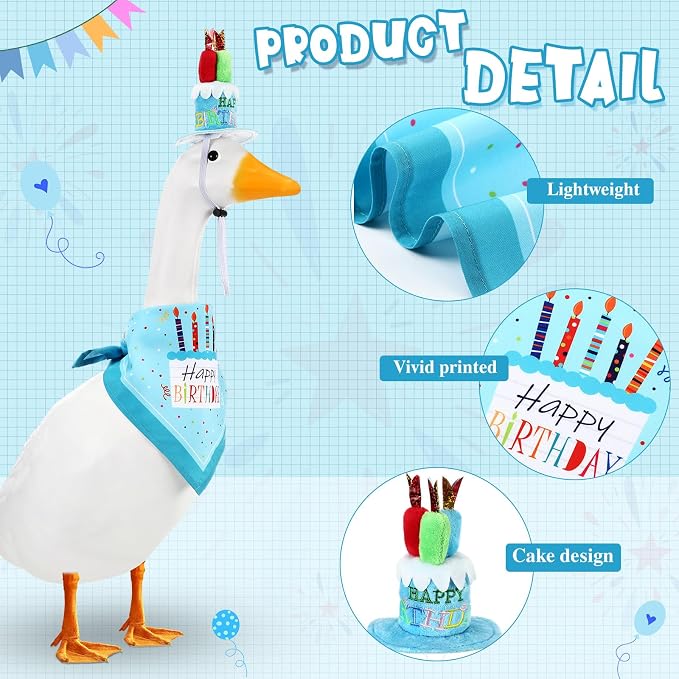Dansydaisy Happy Birthday Goose Outfit Porch Goose Outfits with Happy Birthday Cake Hat and Bandana Yard Geese Outfits for 23" 17" Cement Plastic Geese Duck Decorations(Style 2,Blue)